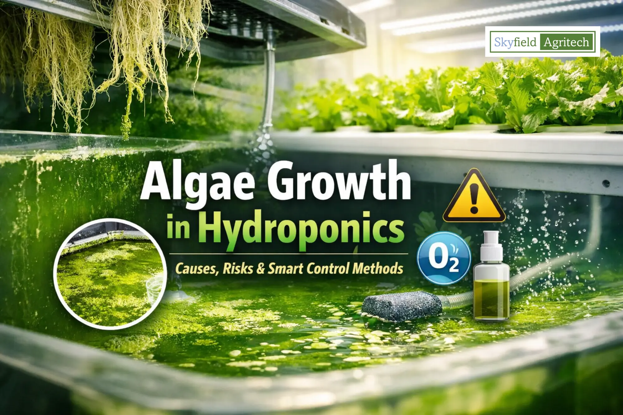 Algae growth in hydroponics system showing green water in reservoir with lettuce plants under grow lights – causes and control methods