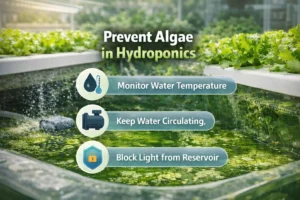 Infographic showing algae prevention in hydroponic system with light control, water circulation and clean reservoir management